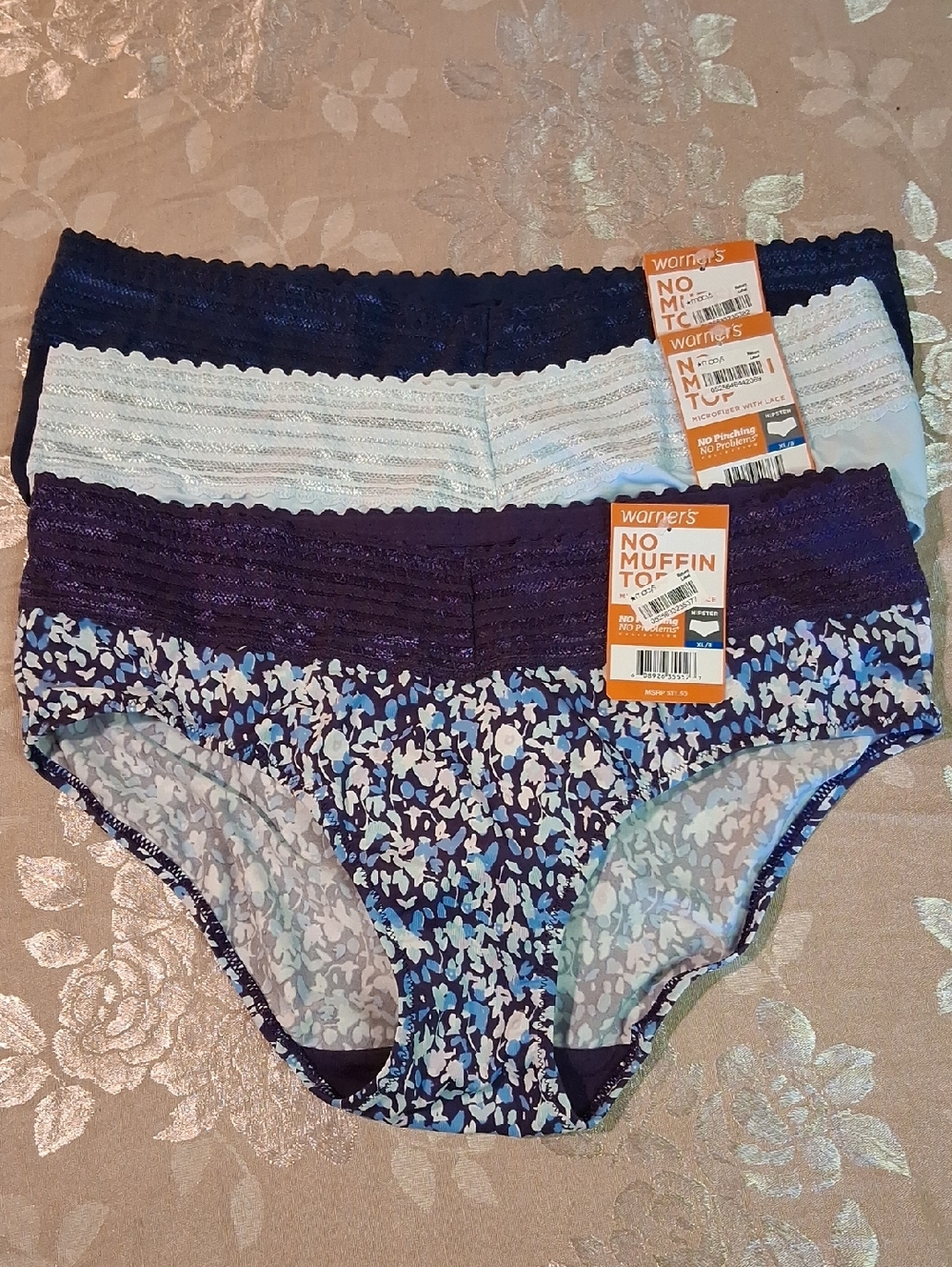 Warner's Three-Pack Lace Waist Hipster Panties - Navy, Light Blue & Floral SZ 8